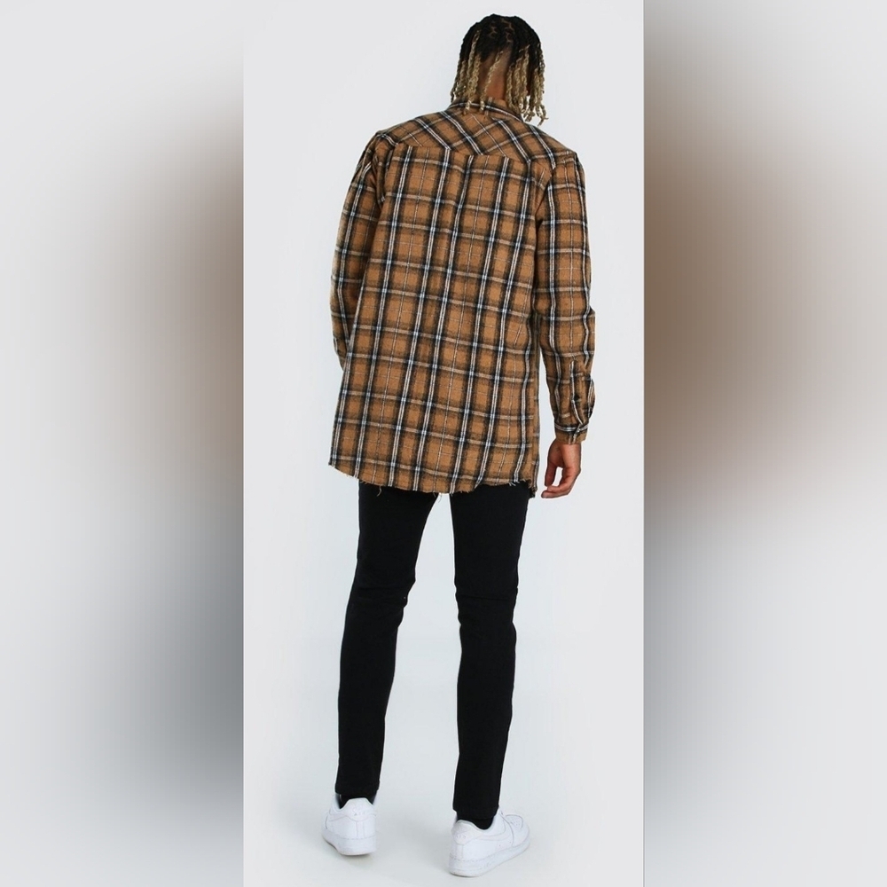 Small Men Brown Plaid Flannel Overshirt - Picture 2 of 7
